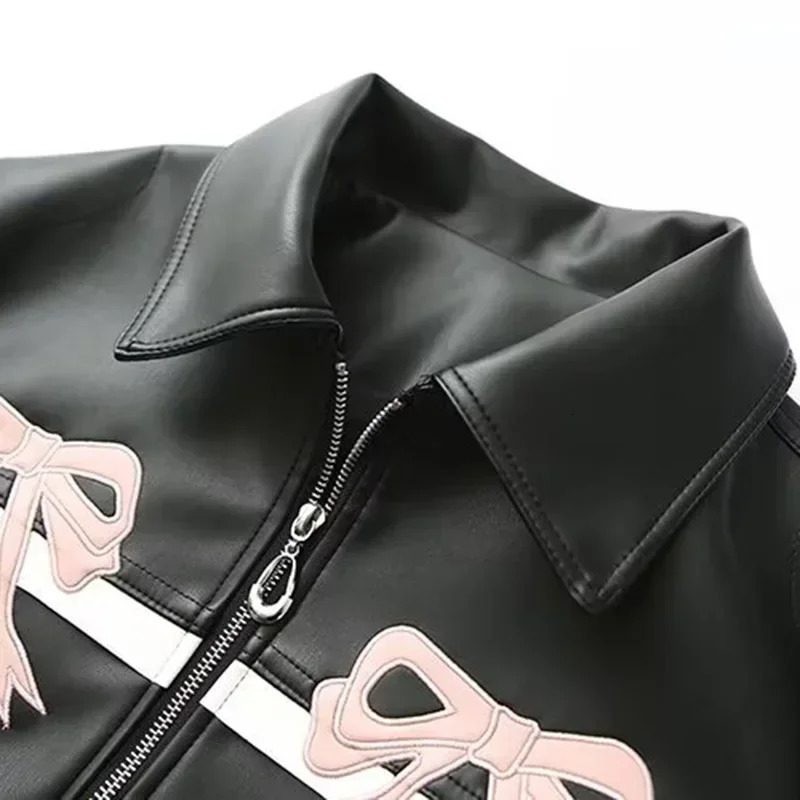 Womens Winter Jacket Women Vintage Faux Leather Coat Fashion Pu Lapel Collar Bow Zipper Overcoat Female Casual Tops Clothing 250206