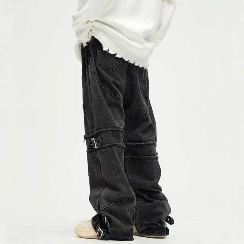 And Y2K Streetwear Black Baggy Ripped Stacked Jeans Cargo Pants For Men Clothing Straight Denim Trousers Mens Pants 250210