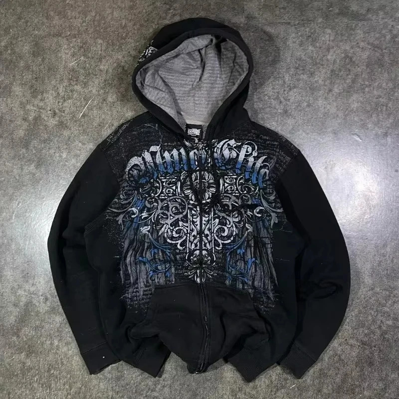 American Fashion Joker Goth Printed Zipper Hoodie Men Street Hip Hop Loose Fleece Thicking Sweatshirt Couple Casual Punk Hoodie 250210