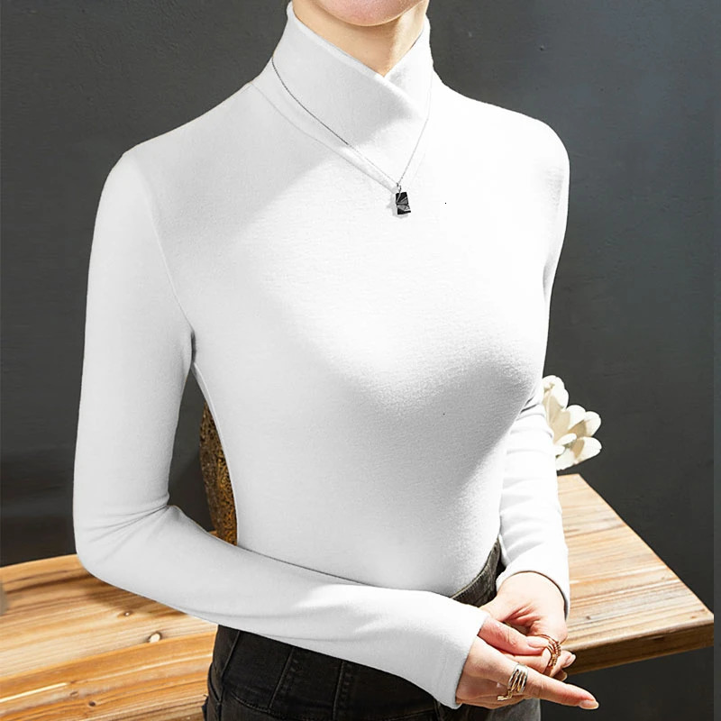 Autumn Winter T Shirt Fleece Fabric Turtleneck Bottoming Tee Korean Simple Casual Tops Long Sleeve Tshirt Keep Warm 250211