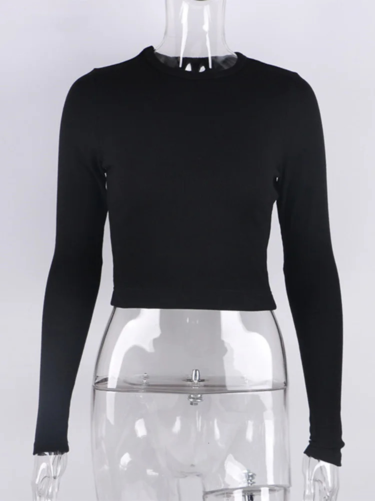 O-neck long sleeved womens ribbed sexy cut top spring black casual slim basic womens shirt white 250208