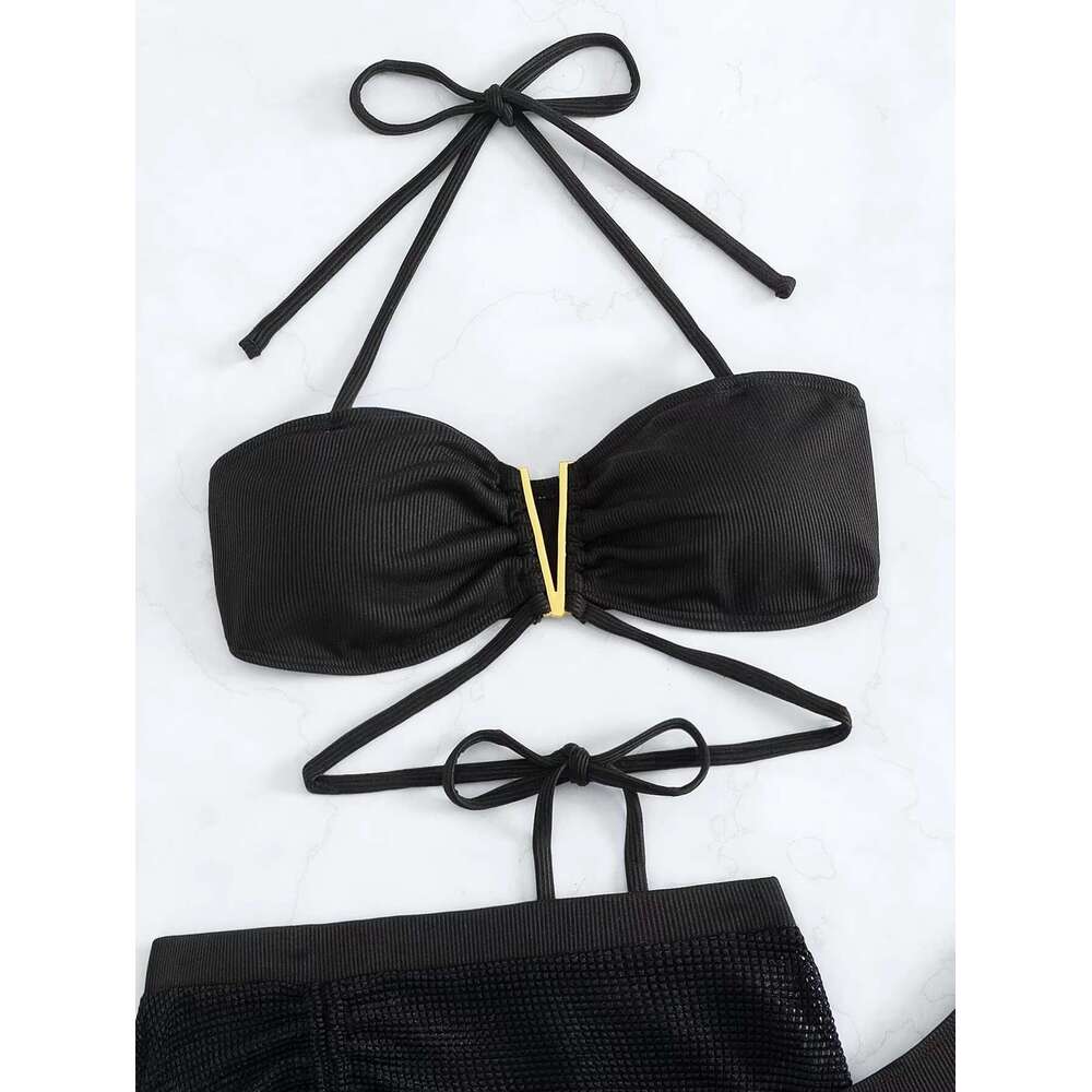 3 Pieces Black V Wire Halter Bikini 2024 Women & Beach Skirt Swimwear Female Swimsuit Solid Beachwear Bathing Swimming Suit