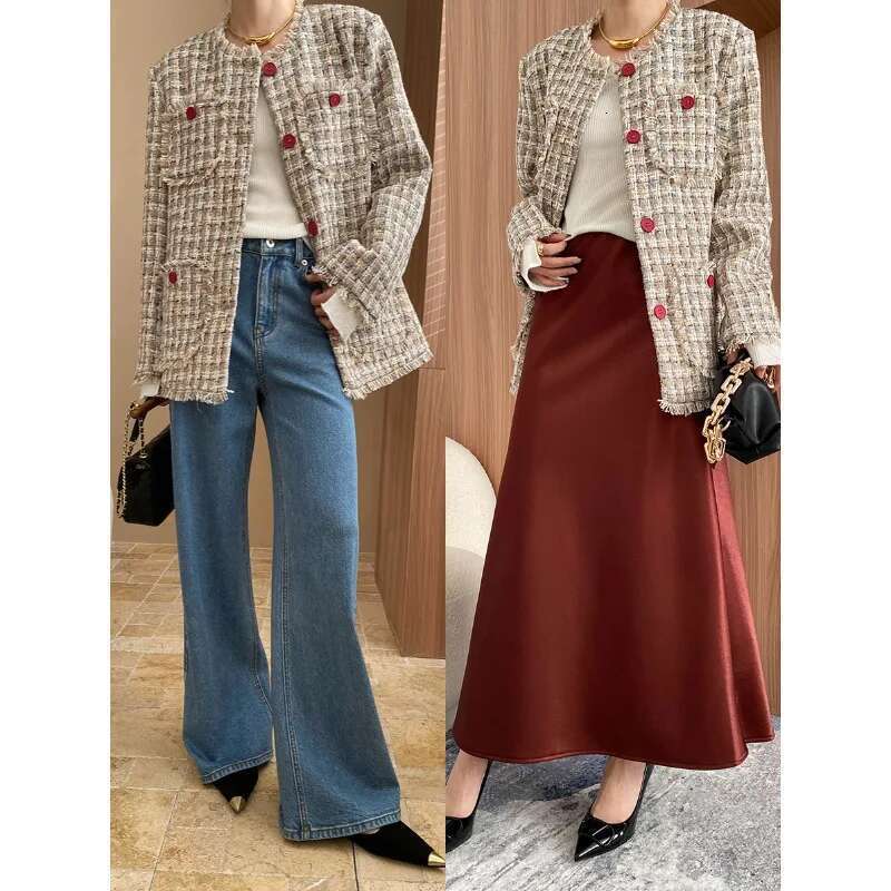 Red Button Long Tweed Jacket Spring Fall Tassel Trim Coat For Women