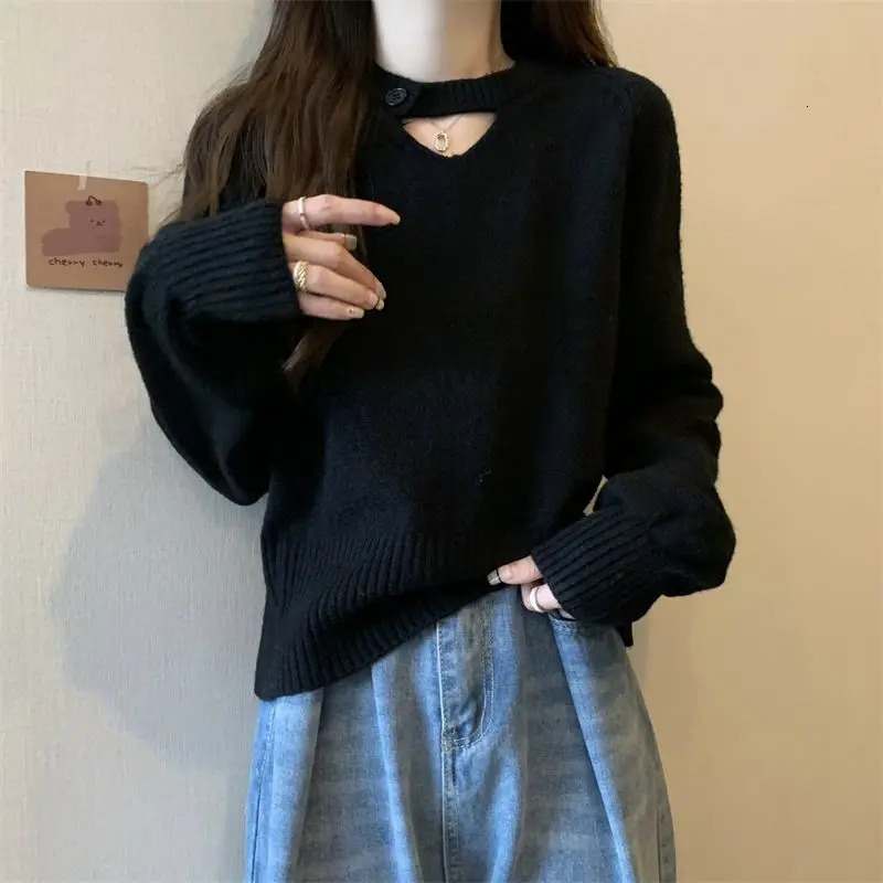 Hollow Out Solid Color Sweater Women Autumn Winter Trend O-neck Long Sleeve Knitwear Simplicity All-match Fashion Knitting Tops 250210