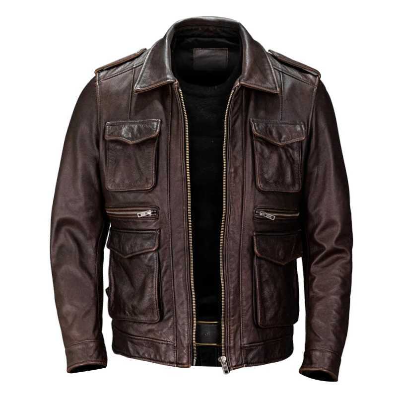 Retro reddish brown autumn leather jacket mens hunting style Plus size 6XL natural denim four pocket leather coat X250213