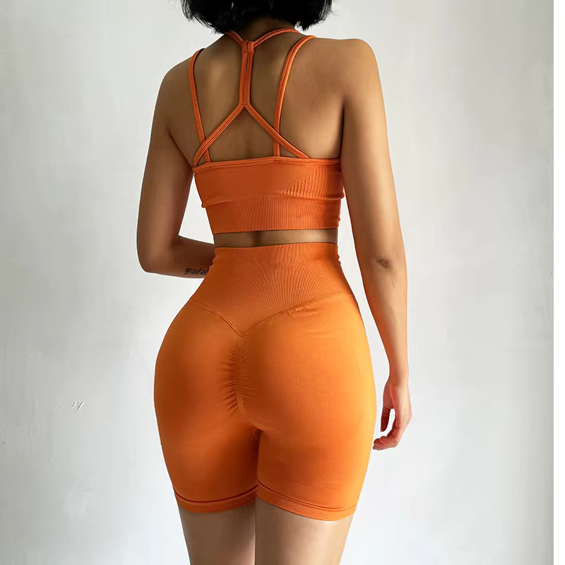 2Pcs Seamless Yoga Set For Women High-Waist Butt Lifting Sportswear Workout Gym Fiess Tight Short And Sport Bra Suit