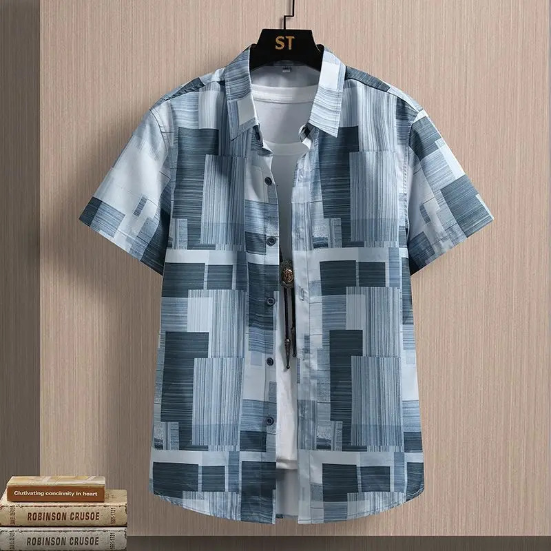 Simplicity Summer Shirts Ice Silk Mens Square Collar Striped Printing Pockets Single Breasted Fashion Loose Short Sleeve Tops 250211