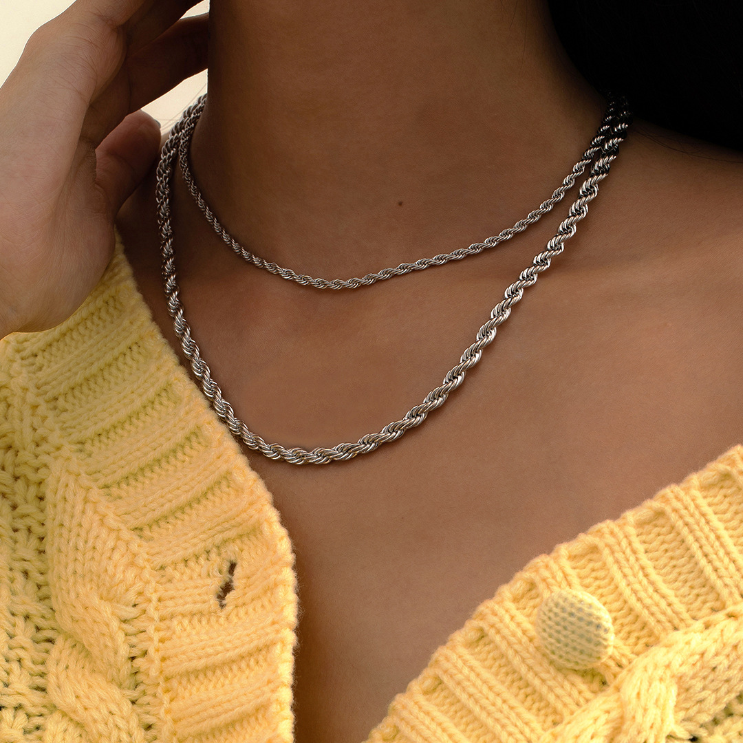 designer Jewelry Hip Hop Simple Geometry Fried Dough Twists Chain Personalized Street Shot Double Layer Metal Set Woman Necklace