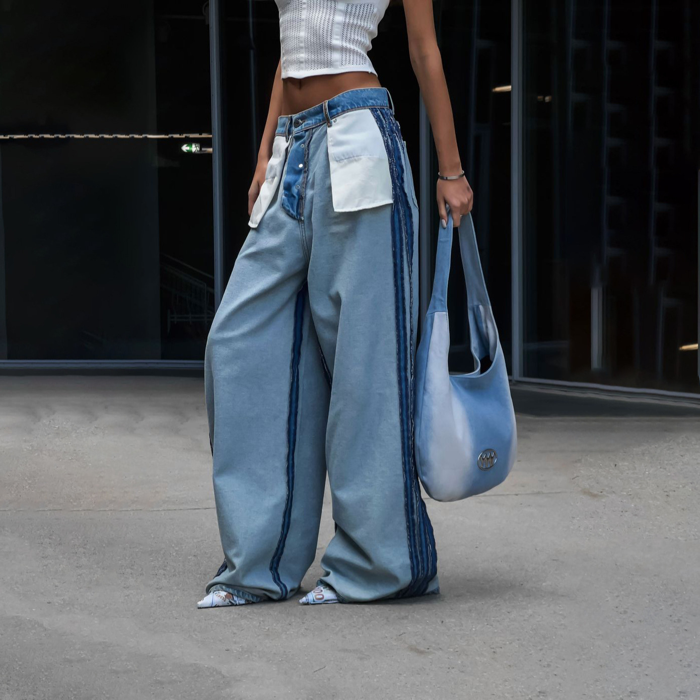 Reverse Jeans Summer High-End Splicing Loose Wide Women's Hanging Feeling High Waist Straight Leg Pants Women