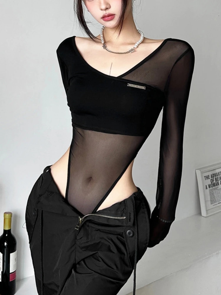 Black See Through Bodysuit Lingerie Sexy Long Sleeve Lenceria Femenina VNeck OnePieces Body Feminino Backless Tops For Women 250211