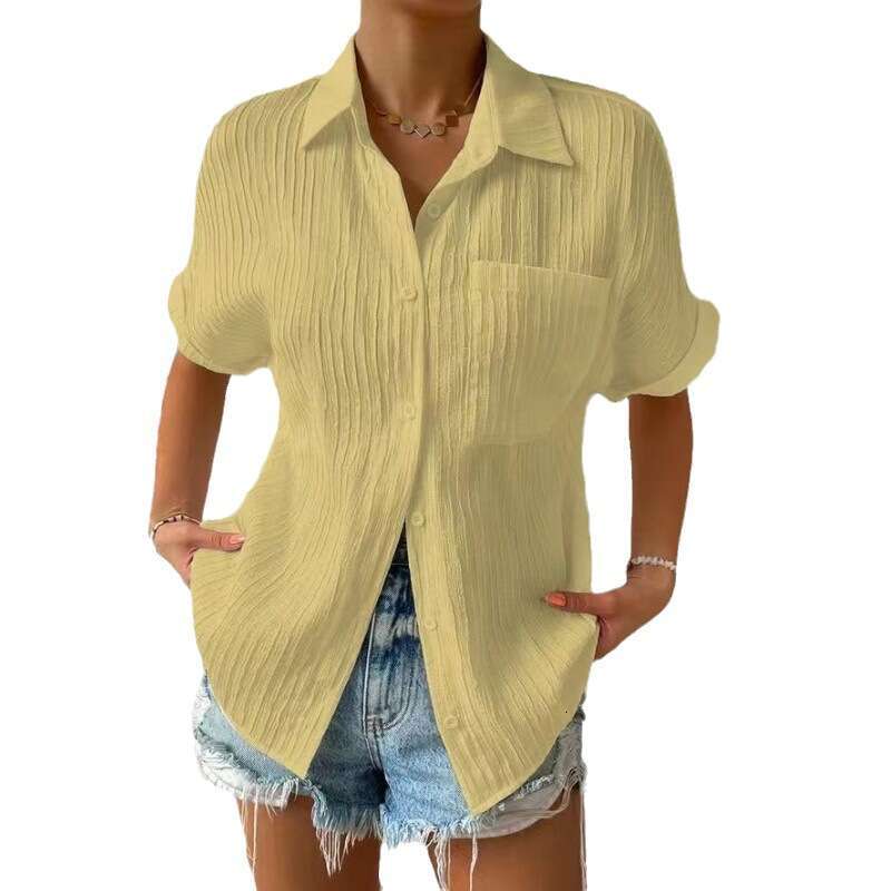 Cardigan 2025 patchwork pocket solid color temperament lapel raglan shirt short sleeved women's new casual versatile fashion clothing