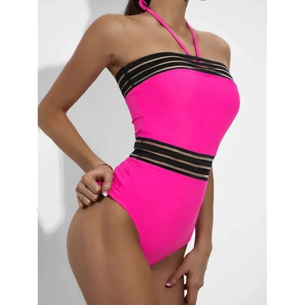 2024 Sexy One Piece Swimsuit Swimwear Women Patchwork Hollow Mesh Halter High Waist Bathing Suit Beachwear Maillot De Bain Femme