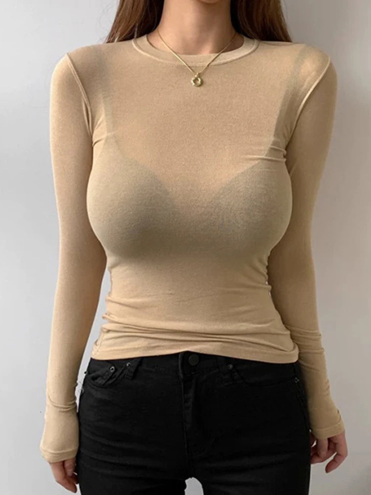 T Shirt Korean Style Slim Tshirts 2024 Sexy Cotton Long Sleeve Summer Tops Soft Thin Transparent Tee Femme White 250114