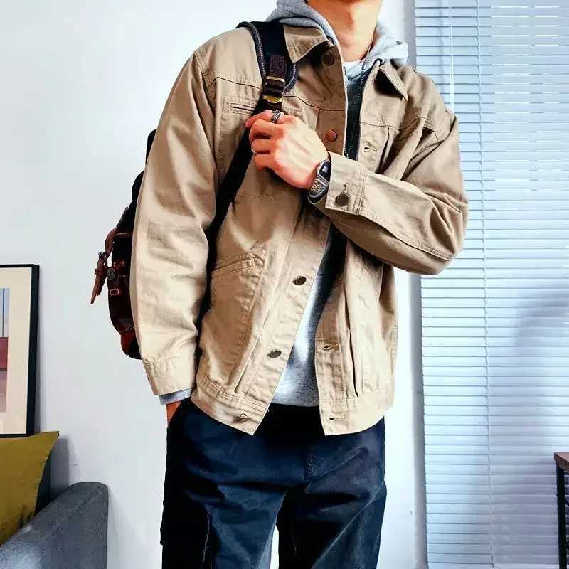 Warm apron autumn khaki denim jacket mens goods black button apron jeans jacket mens wool denim loose retro G X250213