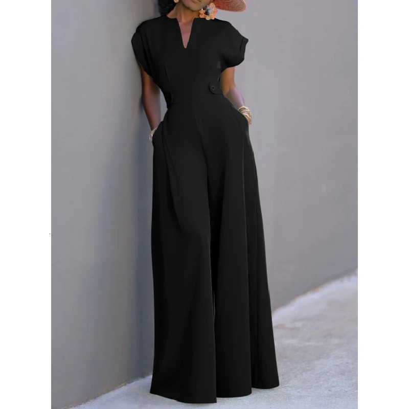 Women Black White Color Wide Leg Jumpsuits 2024 Summer Cap Sleeves Loose Fashion Urban Casual Office Jump Suits 250207