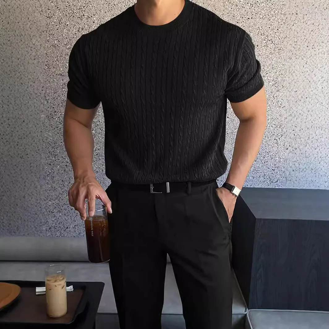 Autumn Knitted Round Neck Short Sleeve Mens Loose Polo Neck Short Sleeve Top Casual Sports T-shirt 250208