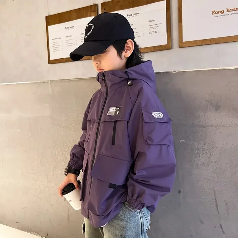 2024 Autumn Girls Boys Casual Windbreak Purple Black Hooded Jacket Baby Kids Children Outerwear Coat 4-14 Yrs Korean Overcoat 250121