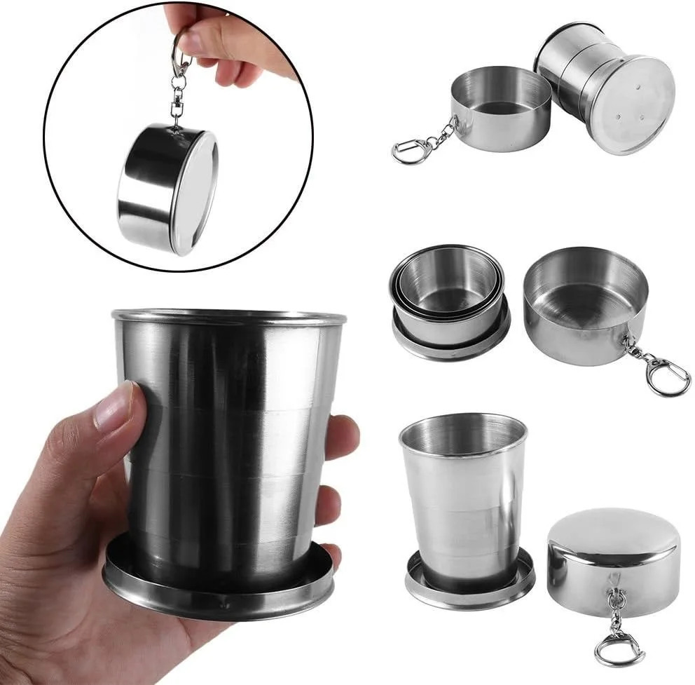 75150250450ML Stainless Steel Collapsible Cup Camping Cookware Expandable Teacups Portable Outdoor Travel Mug Z260202