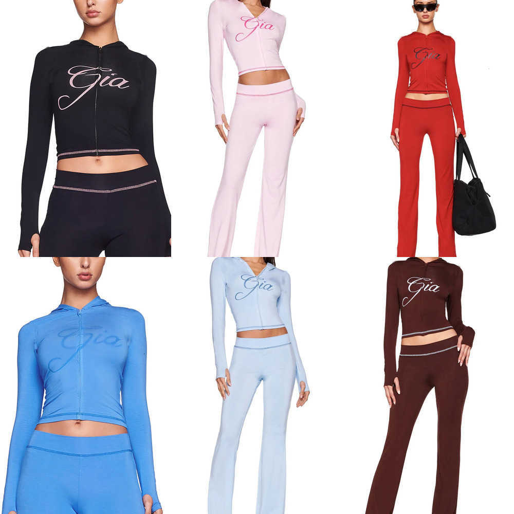 gia Womens Tracksuit Piece Set Designer Sports Suit For Women Flared Pants Zip-up Cap Long Sleeve High Quality Spring Top Low Waist Micro Social