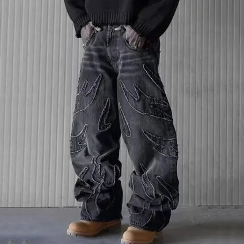 mens Y2k fashion hip-hop bag patch work denim pants womens high waisted Trousers street retro primitive edge embroidered black jeans 250210