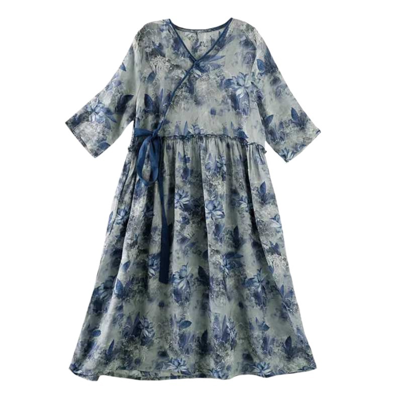 X0219 Spring and summer literary style loose plus size women's print V-neck three-quarter sleeves medium length waist slimming dress