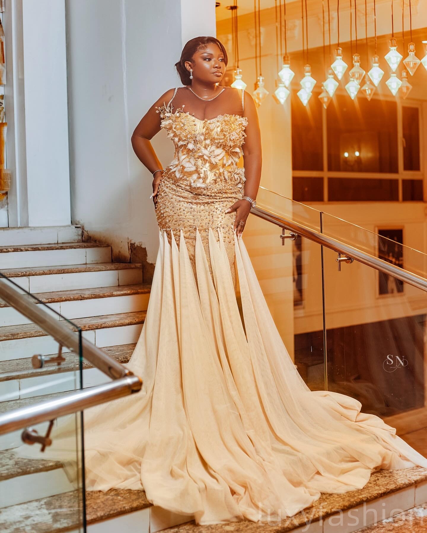 Aso Ebi 2025 Champagne Illusion Mermaid Prom Dresses Florals Beaded Chiffon Evening Formal Party Second Reception Birthday Gowns Dress For Special Occ