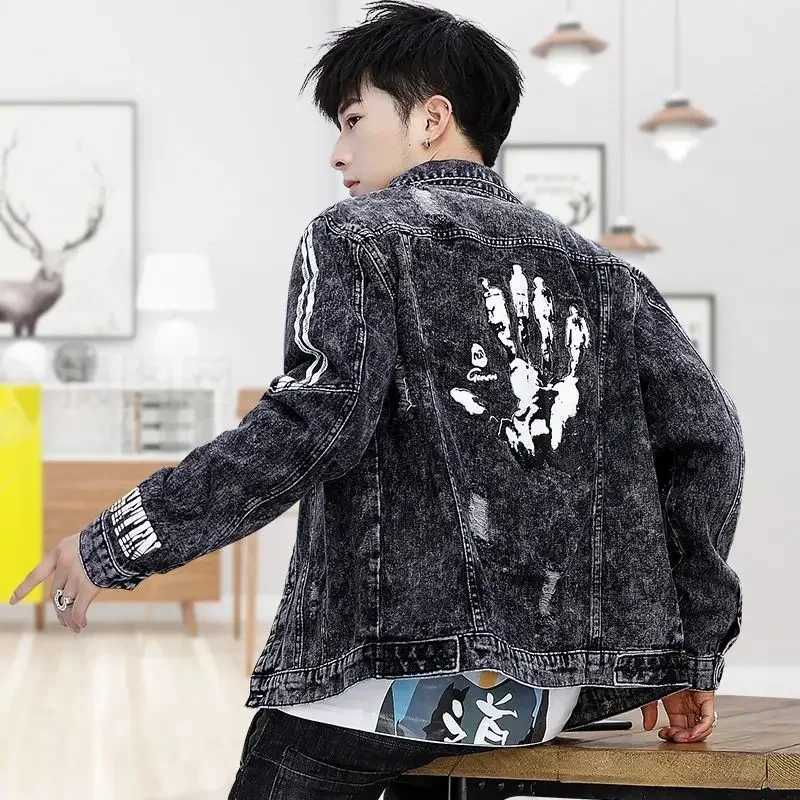 Mens Jean Coats with Hole Ripped Mens Denim Jacket Punk Rock Menswear Size L G Casual Loose Joker One Piece Washed Trendy Large X250213