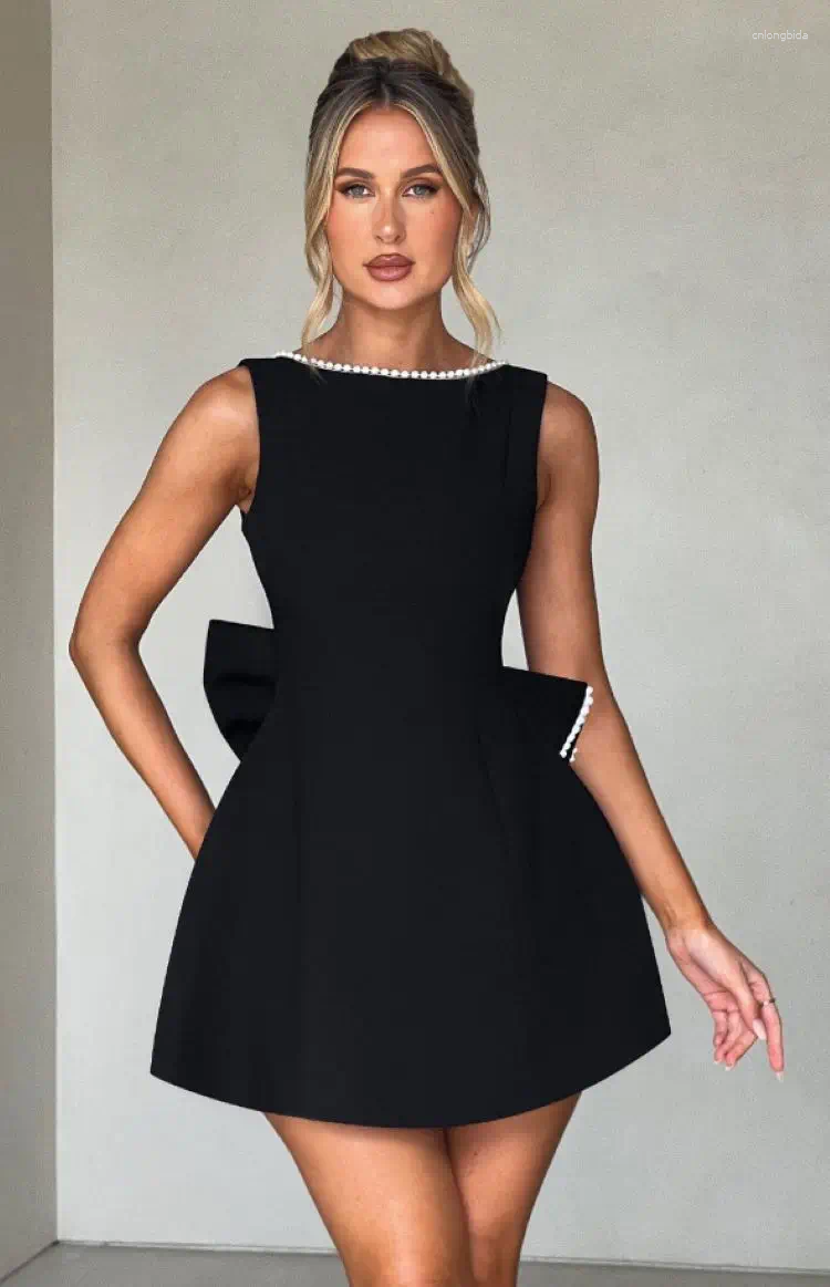 Casual Dresses Elegant Pearl Bow Backless Short Dress Women's Sleeveless Party Cute Mini Black White Pink Chic Birthday Evening Y2K