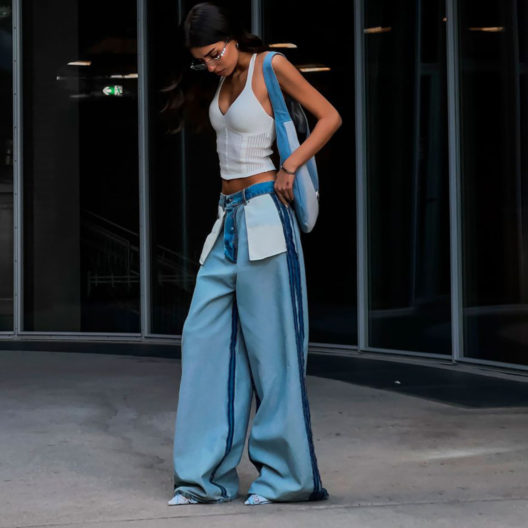 Reverse Jeans Summer High-End Splicing Loose Wide Women's Hanging Feeling High Waist Straight Leg Pants Women