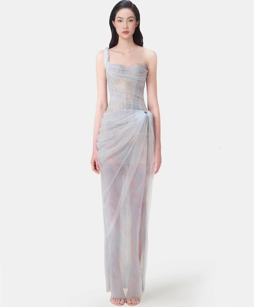 Runway Fashion Sexy Summer One Shoulder Prom Party Long Dress For Women's Sleeveless Mesh Lace Sequin Twist Split Evening Robe