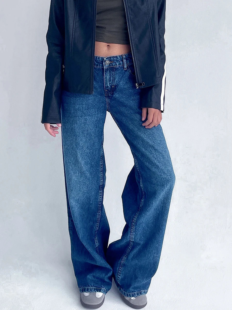 Womens Low Rise Jeans Wide Leg Trousers with Multi Pockets Oversized Length Buttons and zip Washed Denim Pants 250121