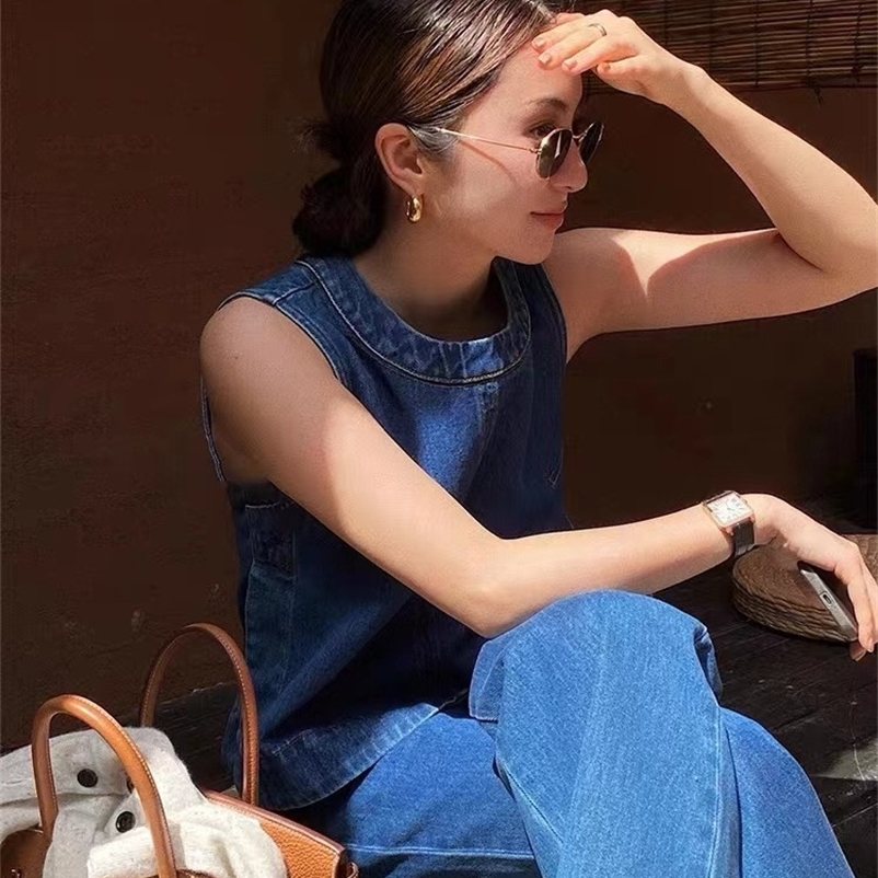 Blue denim vest suit sleeveless top jeans casual womens pants two-piecet 250122