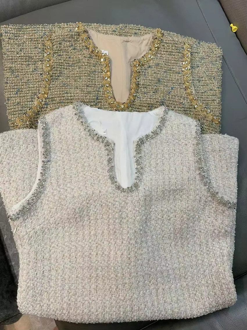 2024 Runway Women Dias Sequins V Neck Tank Prom Party Mini Dress Autumn Winter Tweed Sleeveless Vest Weave A E Clohtes