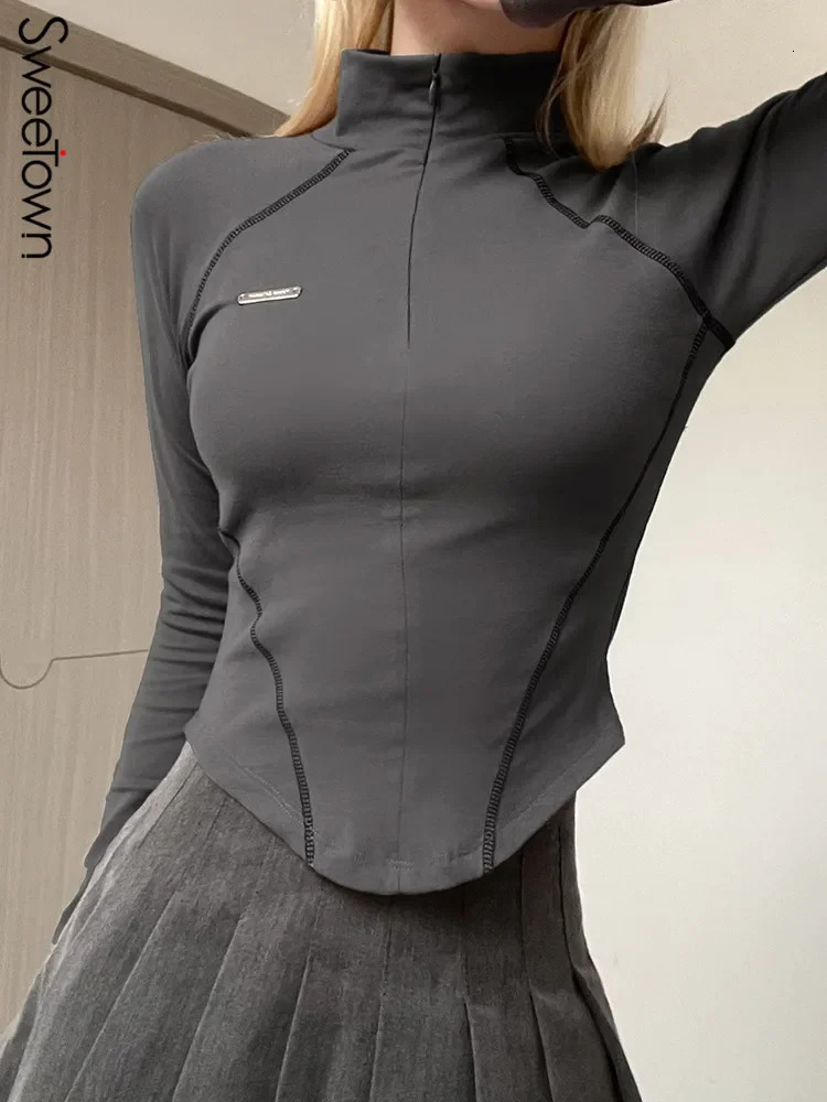 Casual Zip Up Turtleneck Crop Top Stitched Long Sleeve Skinny Tshirts y2k Aesthetic Streetwear Harajuku Women Clothing 250114