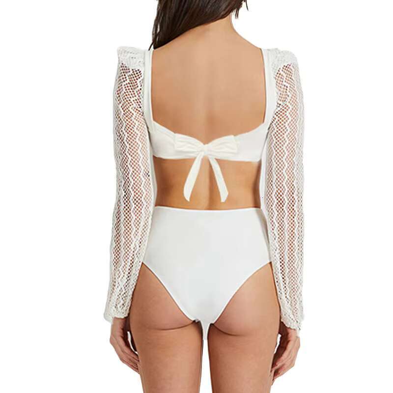 Two-Piece Swimwear Swimsuit Women Sexy Hollow Long Sleeves High Waist Bowknot Backless White Bikinis Set Bathing Suit Push Up