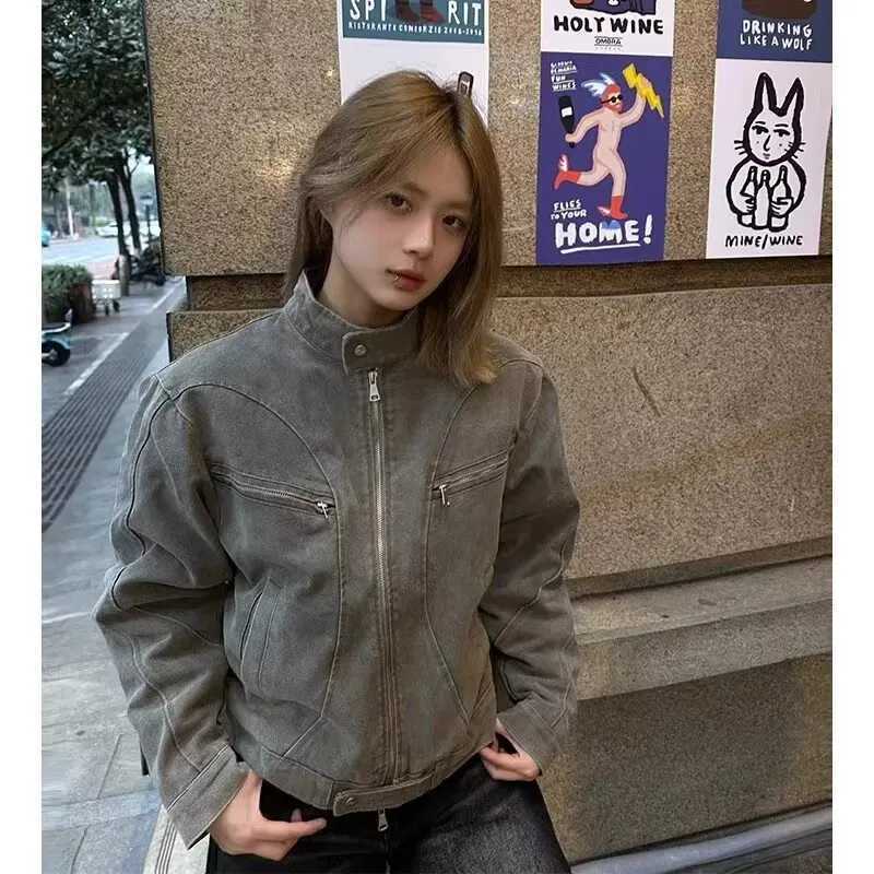 American retro washed short denim jacket for men Y2k Harajuku Chunqiu niche design stand collar retro fashionable casual jacket X250213