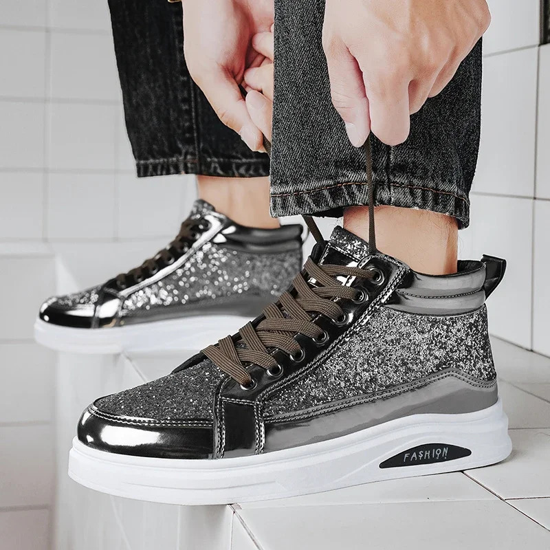 2025 Fashion Gray Mens High Top Shoes Glitter Leather Man Casual Sneakers Streetwear Hip-hop Skateboard Shoes Men Plus Size 250208