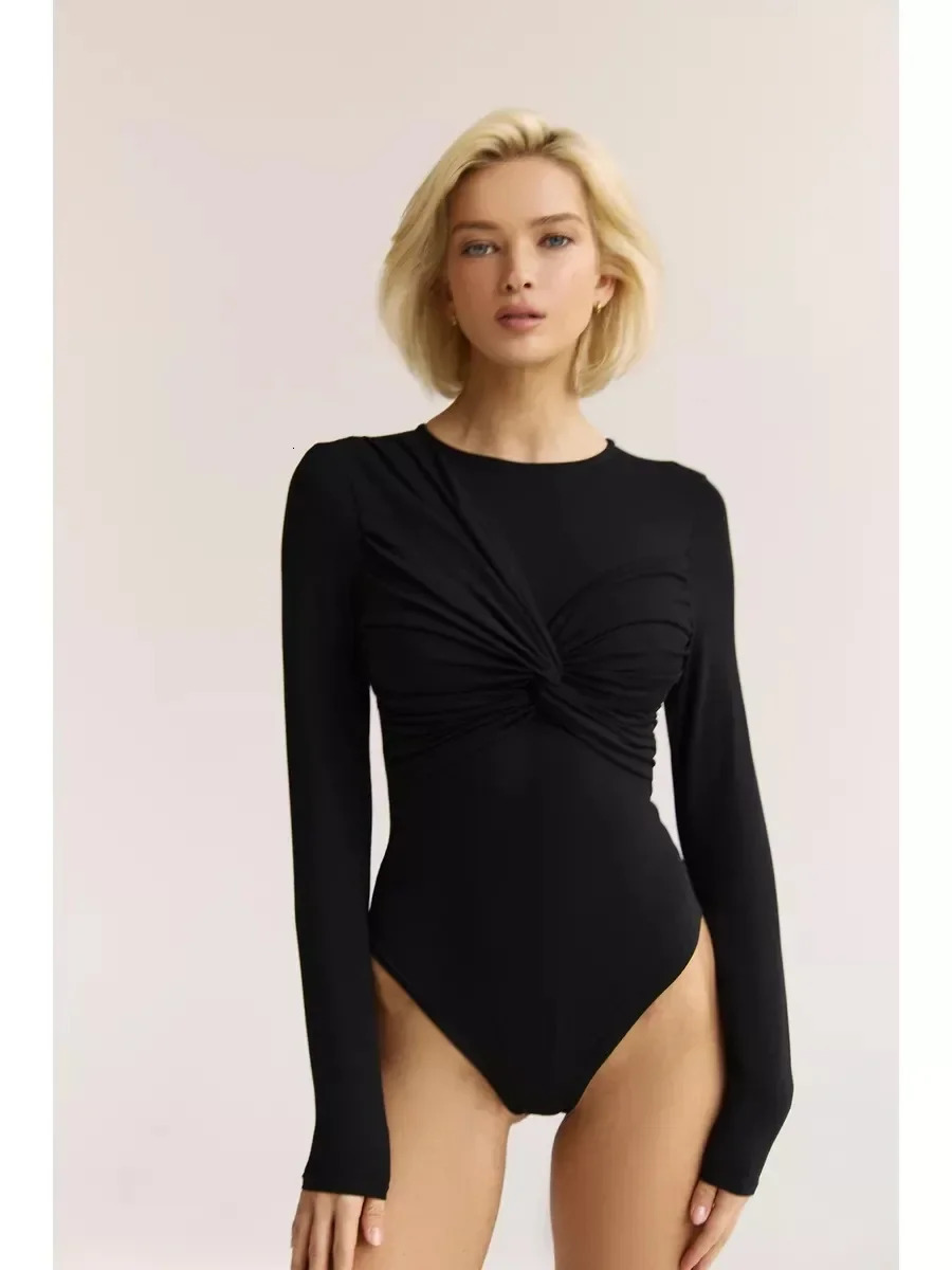 Spring Fashion Long Sleeves Rompers Women Solid Color Bodysuit Jumpsuit Sleeve Knot Top Female Summer 250211