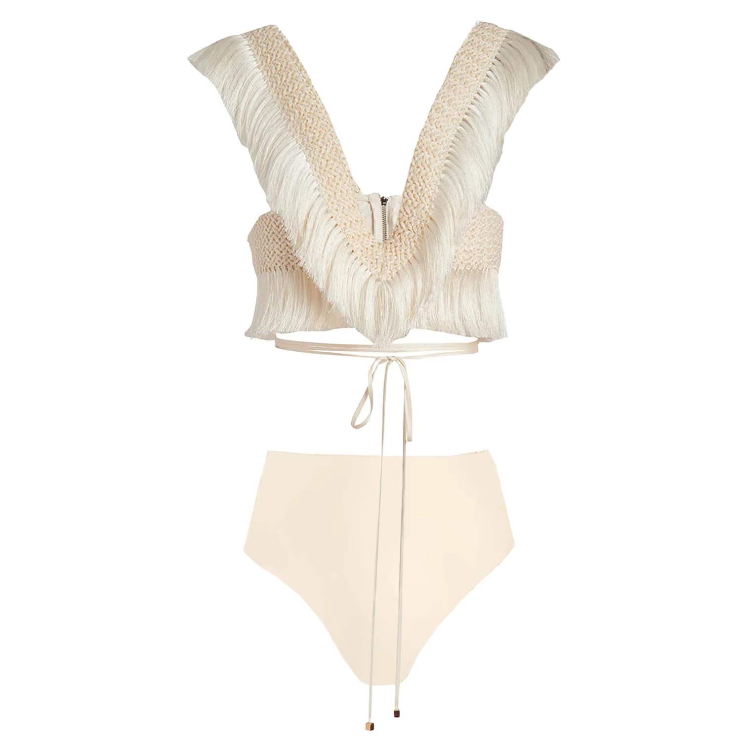 2025 V Neck Fringe Trim Bikini Swimsuit High Waist Swimwear With Skirt For Women Halter Bathing Suits Print Summer Female