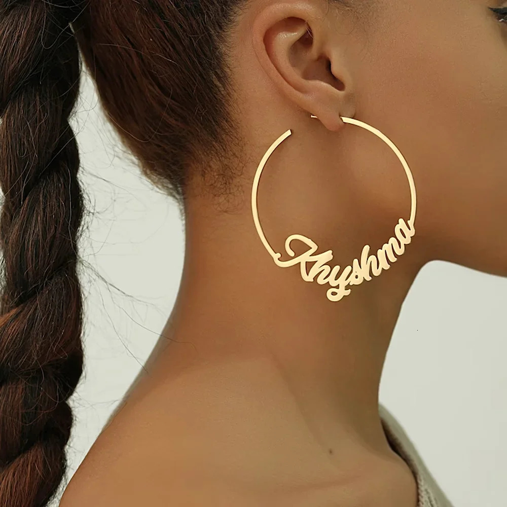 Custom Personalise Name Earring for Women Stainless Steel Type C Perforation 70mm Big Hoops Earrings A Pair Jewelry Gift 250114