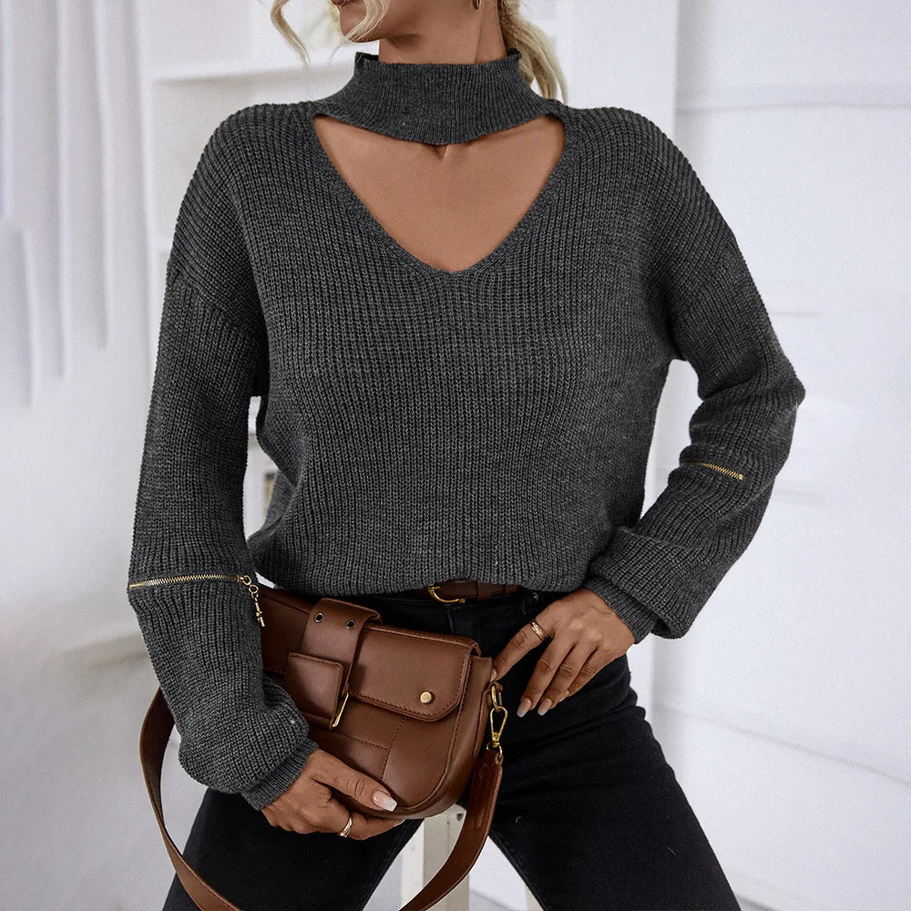 Spring Autumn Womens Knitted Tops Female Loose Casual Sweater Ladys Turtleneck Hollow Out Zipper Pullovers Womens Tops 250210