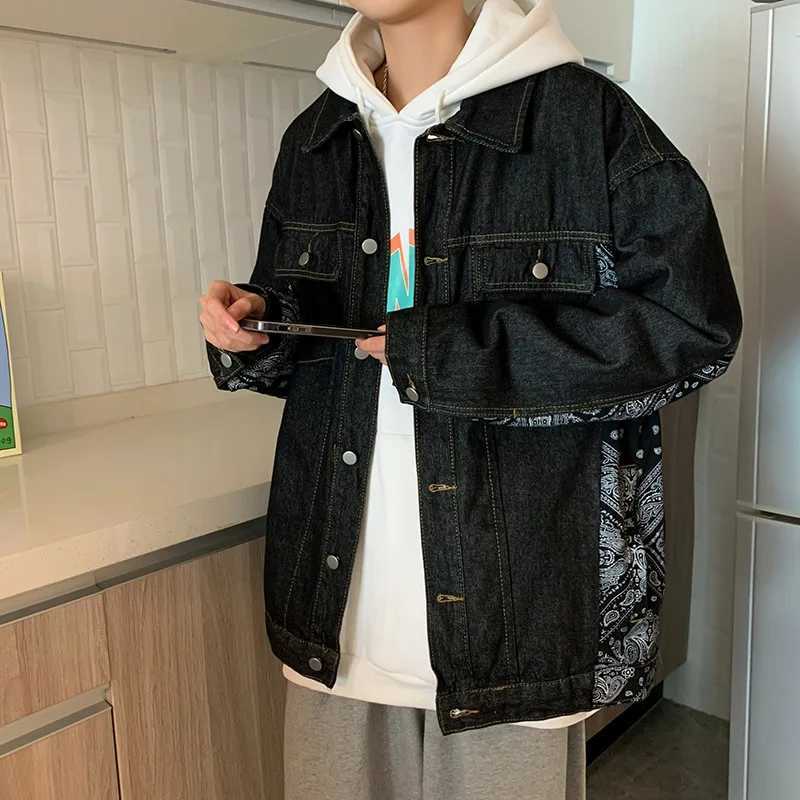 Spring and Autumn mens casual loose retro jacket with open collar floral denim jacket X250213