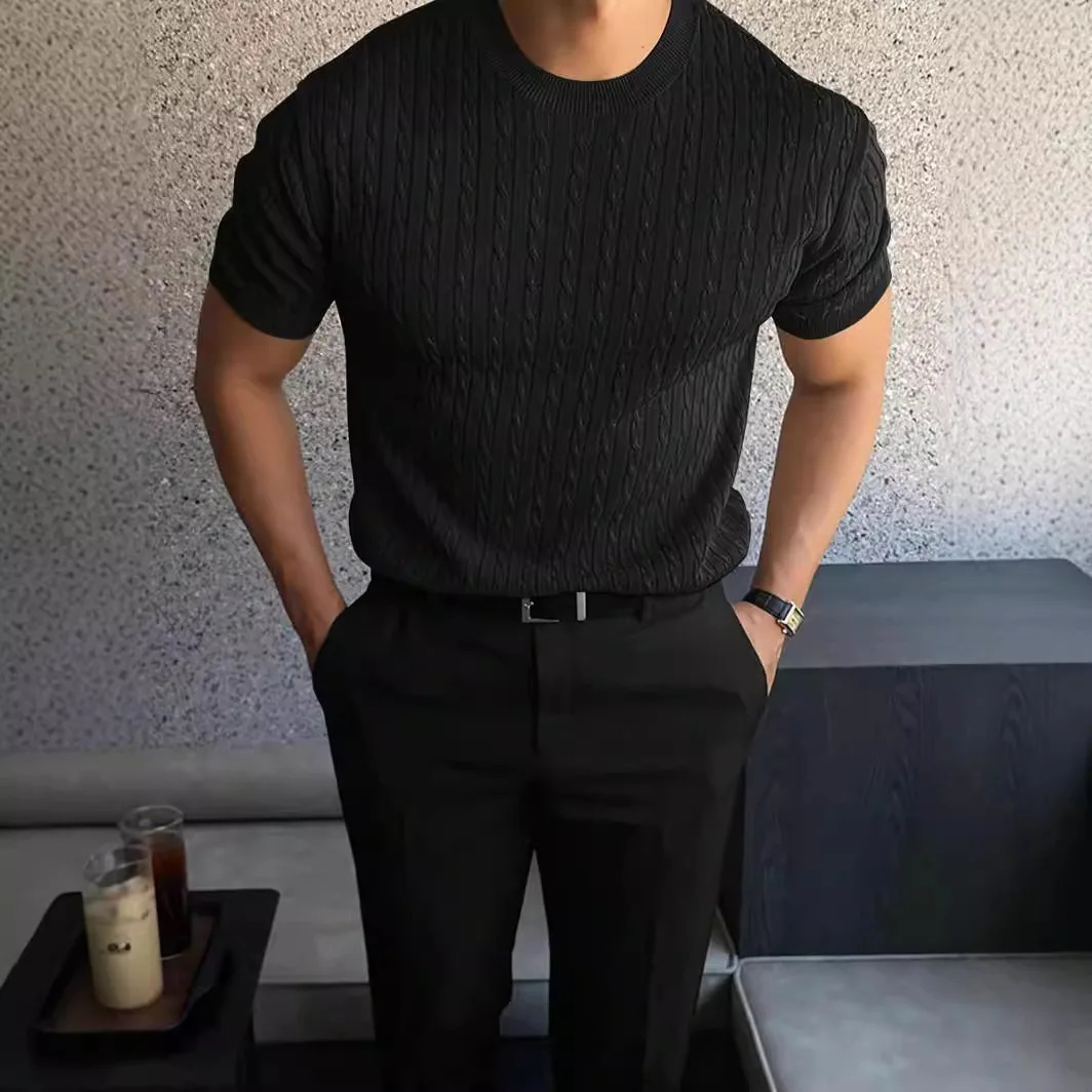 Autumn Knitted Round Neck Short Sleeve Mens Loose Polo Neck Short Sleeve Top Casual Sports T-shirt 250208