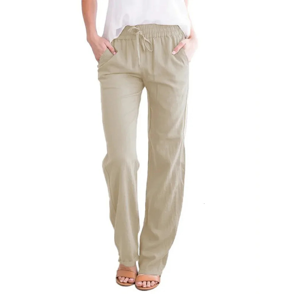 Women Cotton Linen Drawstring Pants Elastic Waist Casual Solid Color Trousers Baggy Loose Straight Leg Breathable Sweatpants 250211