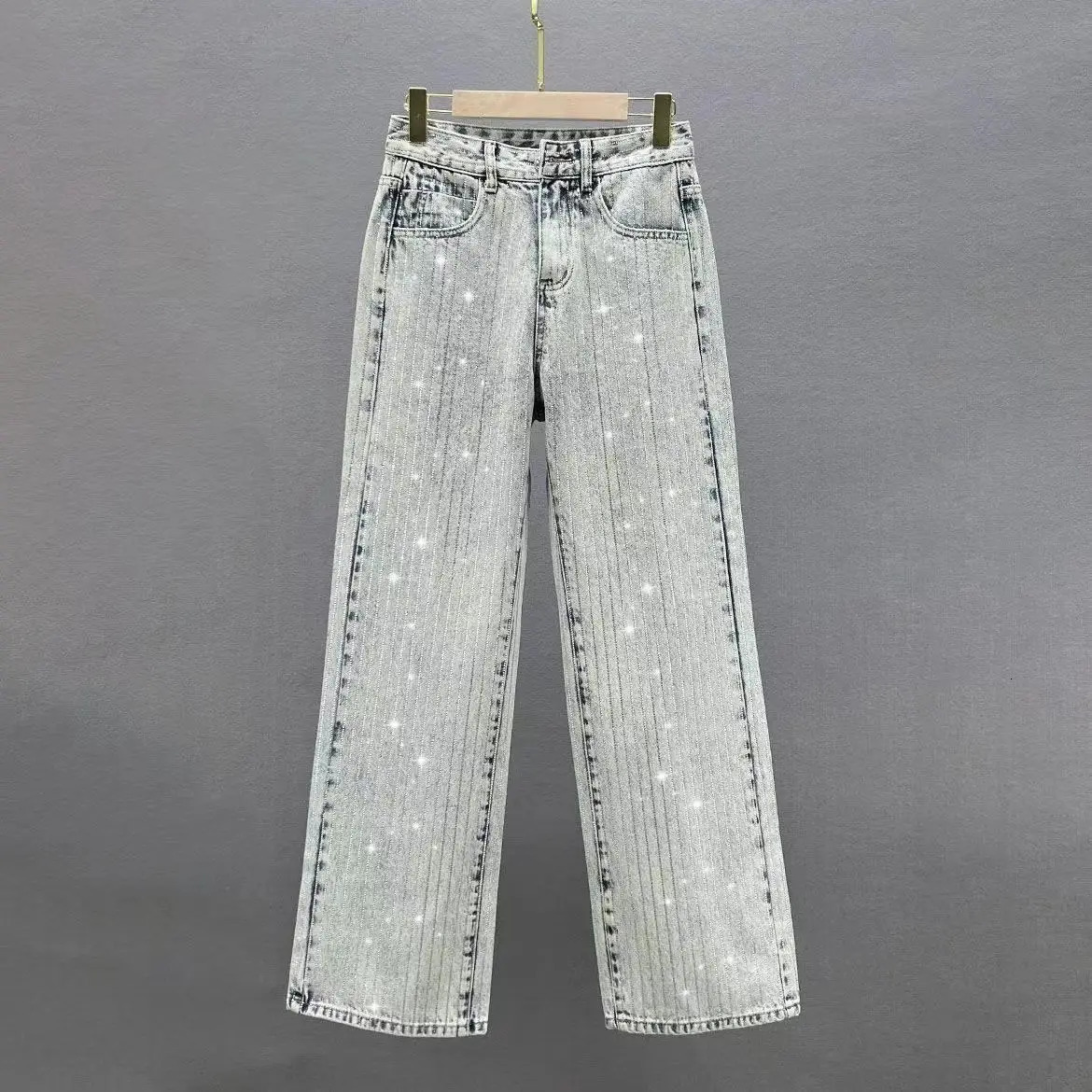 Jeans Womens 2025 Spring High Waist Loose and Thin Heavy Industry Diamond Wide Leg Mopping Trousers 250212