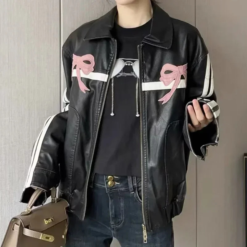 Womens Winter Jacket Women Vintage Faux Leather Coat Fashion Pu Lapel Collar Bow Zipper Overcoat Female Casual Tops Clothing 250206