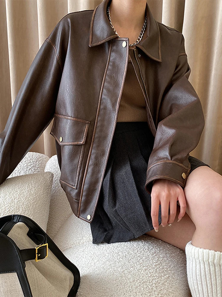Vintage Women PU Leather Jacket Fashion Lapel Full Sleeve Zipper Packets Female Coat Autumn Locomotive Loose Ladies Streetwear 250213