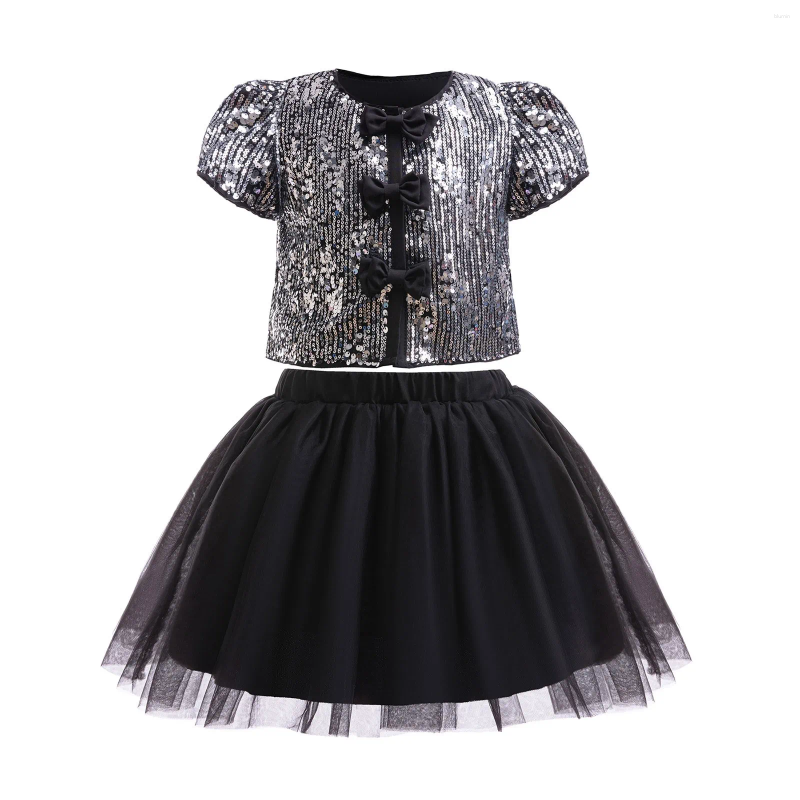 Girl Dresses Girls French Retro Sequin Dress Short Sleeve Jacket Top And Mesh Skirt Tutu Two Piece Set Size 12 Outfits