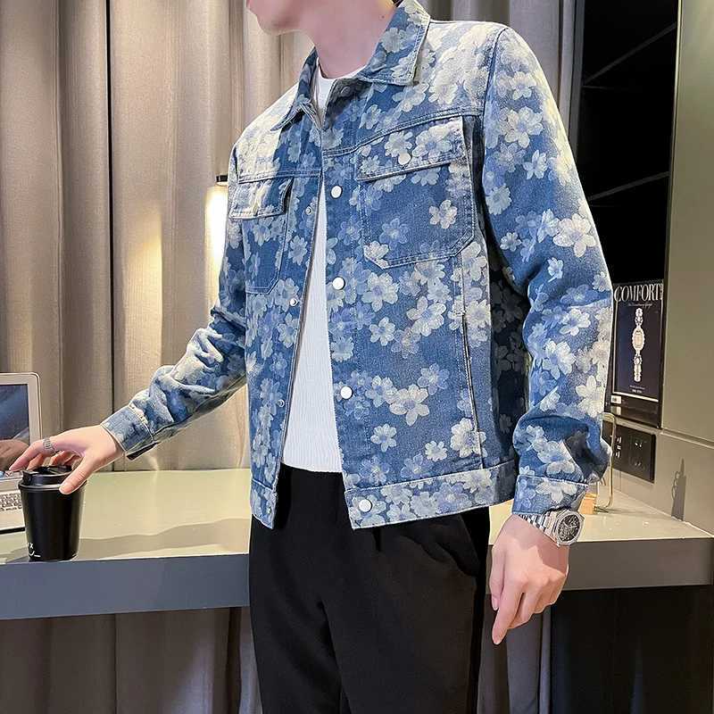 Korean floral print denim jacket slim fit mens denim jacket fashionable casual jacket social street clothing mens clothing M-4XL X250213