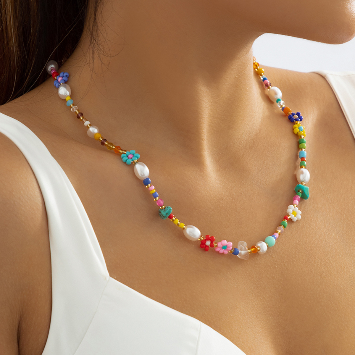fashion Woman Jewelry mix and match, turquoise imitation pearl collarbone chain, niche design, daisy necklace for women